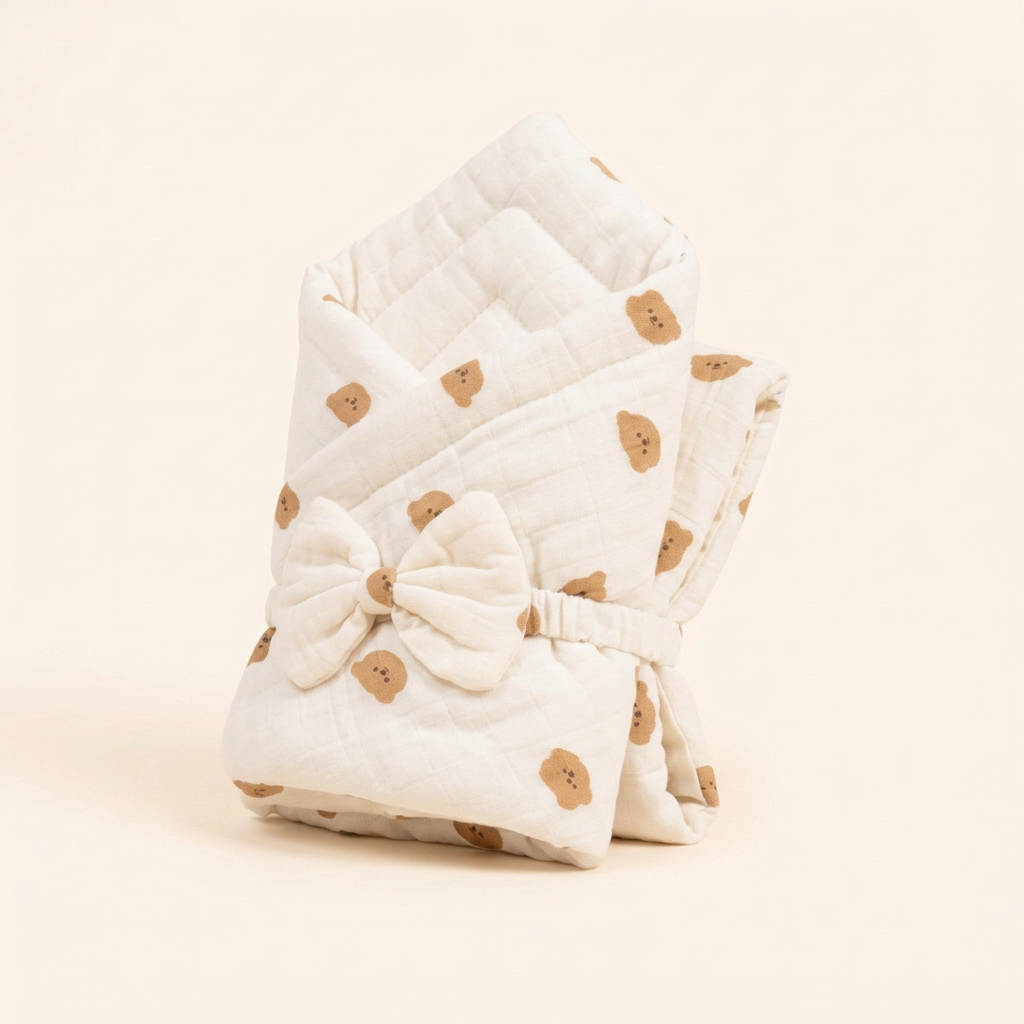 Generated angled view of teddy-print baby wrap