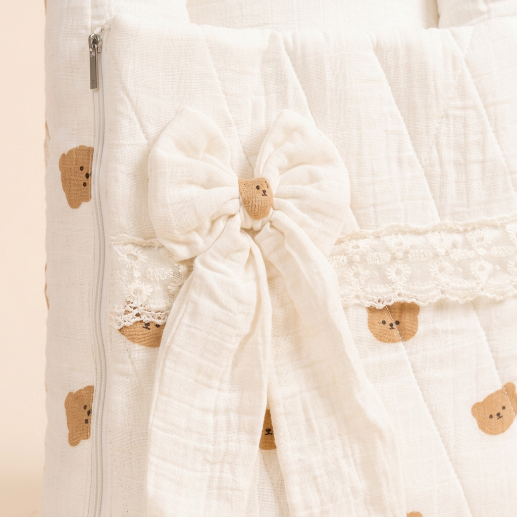Generated close-up of ribbon bow and teddy-print muslin