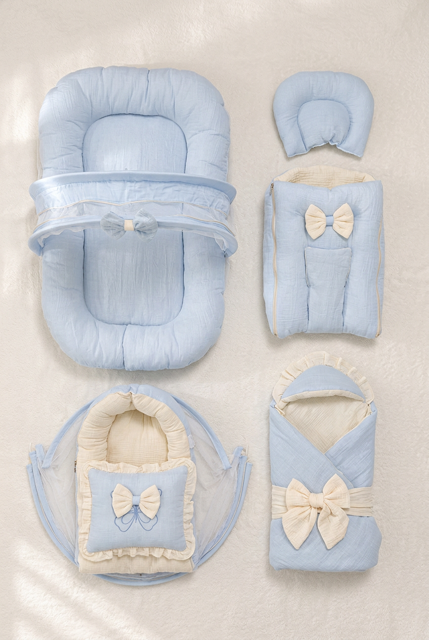 Blue and ivory baby set, overhead view