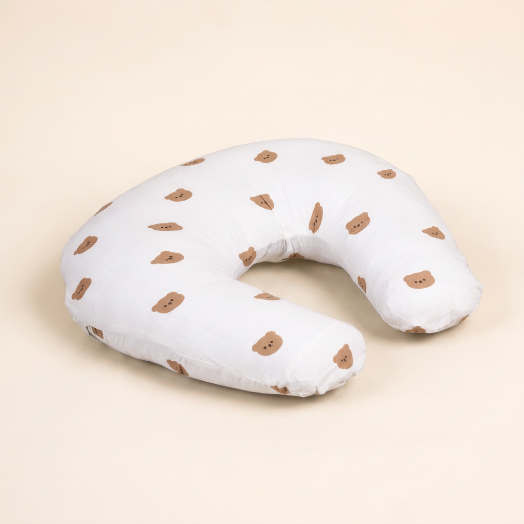 White teddy bear print feeding pillow, side view