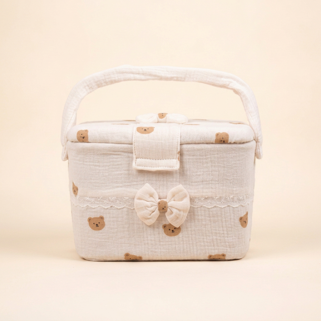 Generated front view of teddy-print nursery storage box