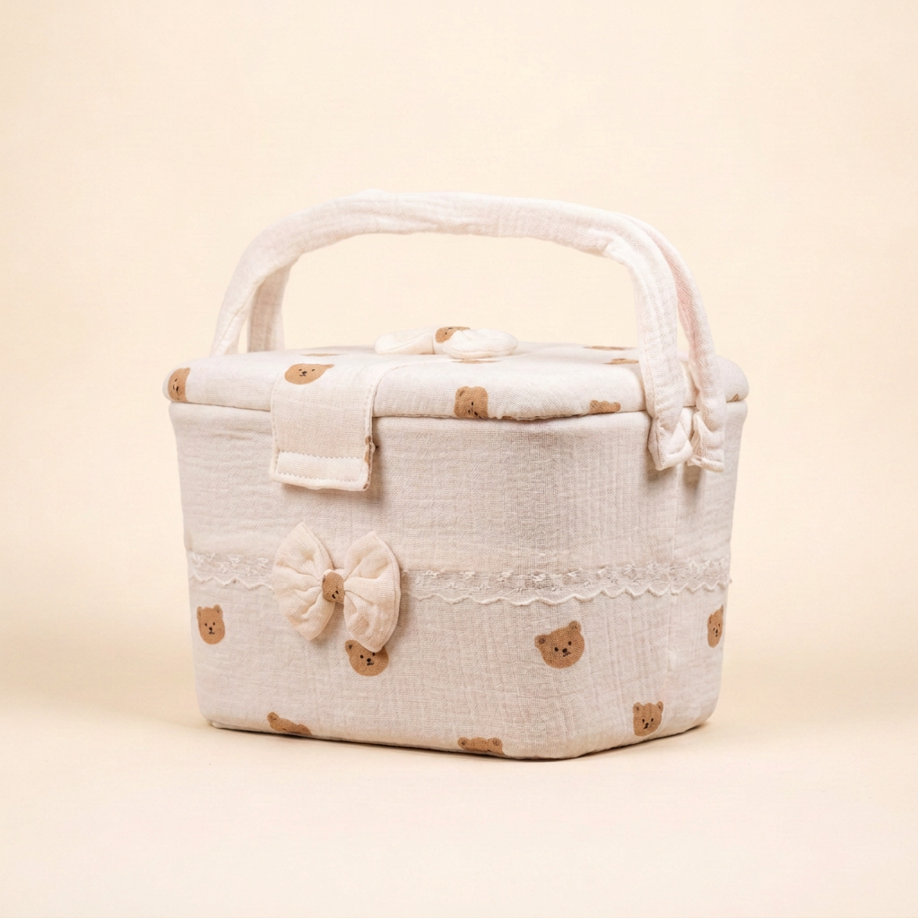 Generated elevated angled view of teddy-print nursery storage box