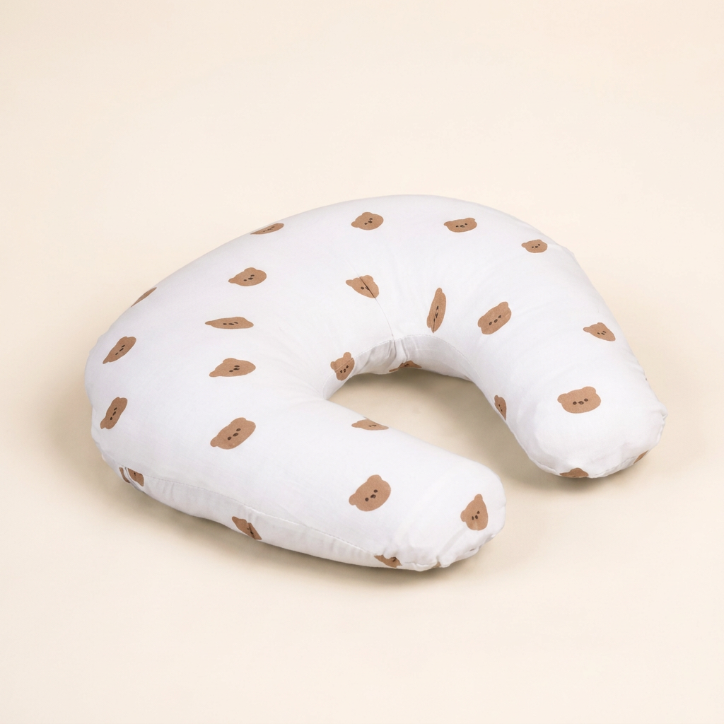 White teddy bear print feeding pillow, rear three-quarter view