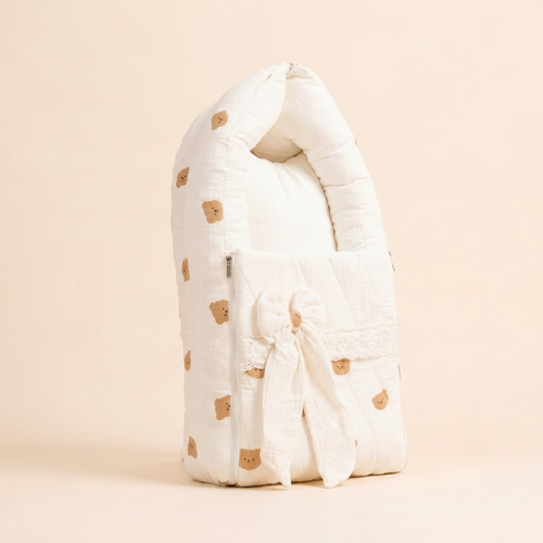 Generated three-quarter front view of off-white teddy-print muslin holder