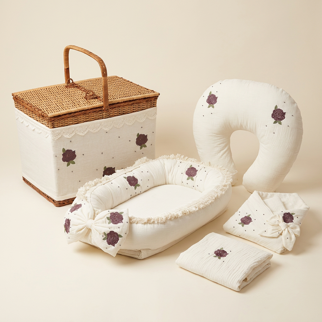 Ivory Rose five-piece baby set with basket, three-quarter view