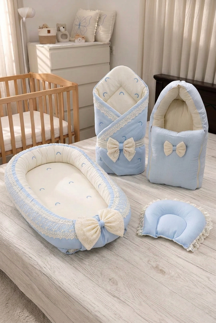 Corrected blue four-piece set with bed nest, wrapper, pillow and fabric baby holder