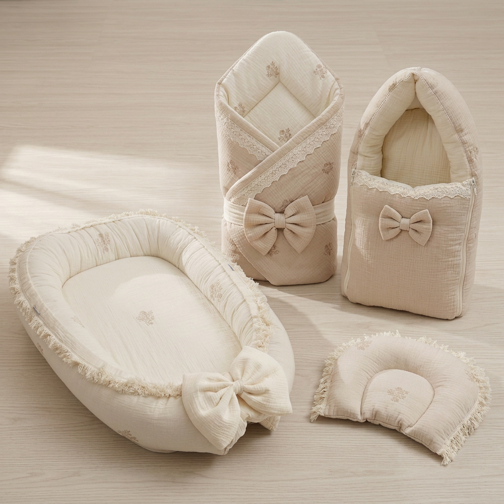 AI illustration of the oatmeal and ivory baby set, alternate angle