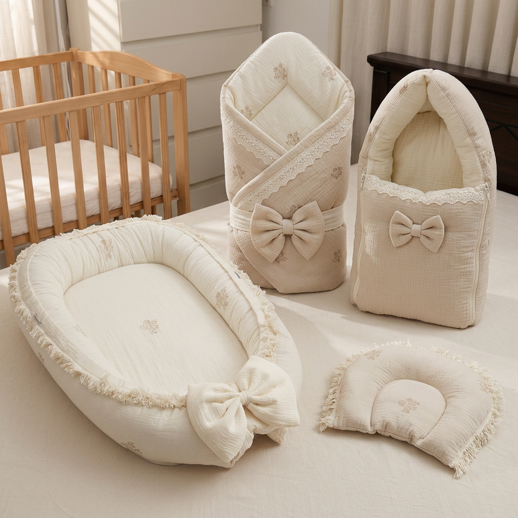 AI illustration of the oatmeal and ivory baby set