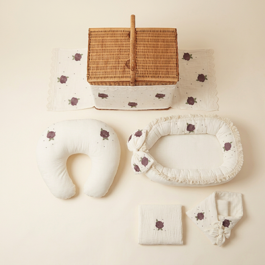 Ivory Rose five-piece set with basket, overhead view